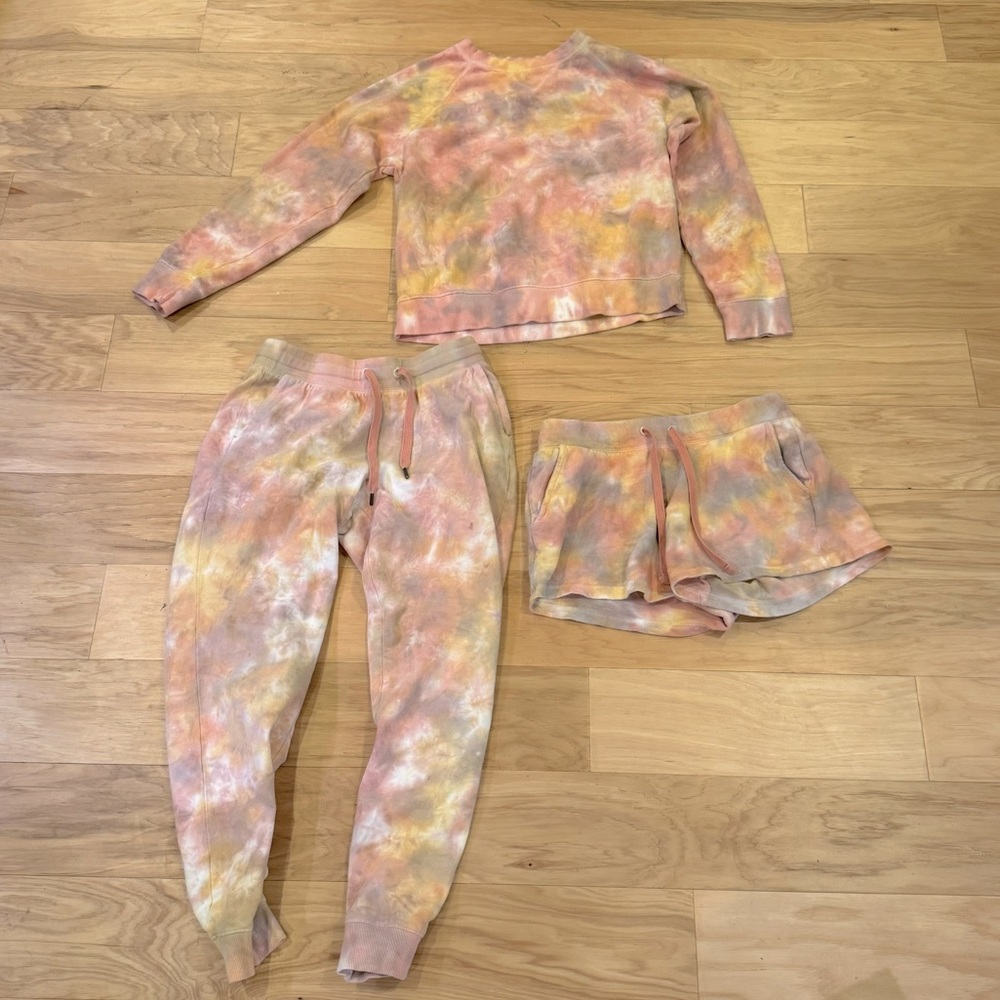 Set of 3 - Matching Sweatpants, Sweatshirt, and Shorts Muted Tie Dye